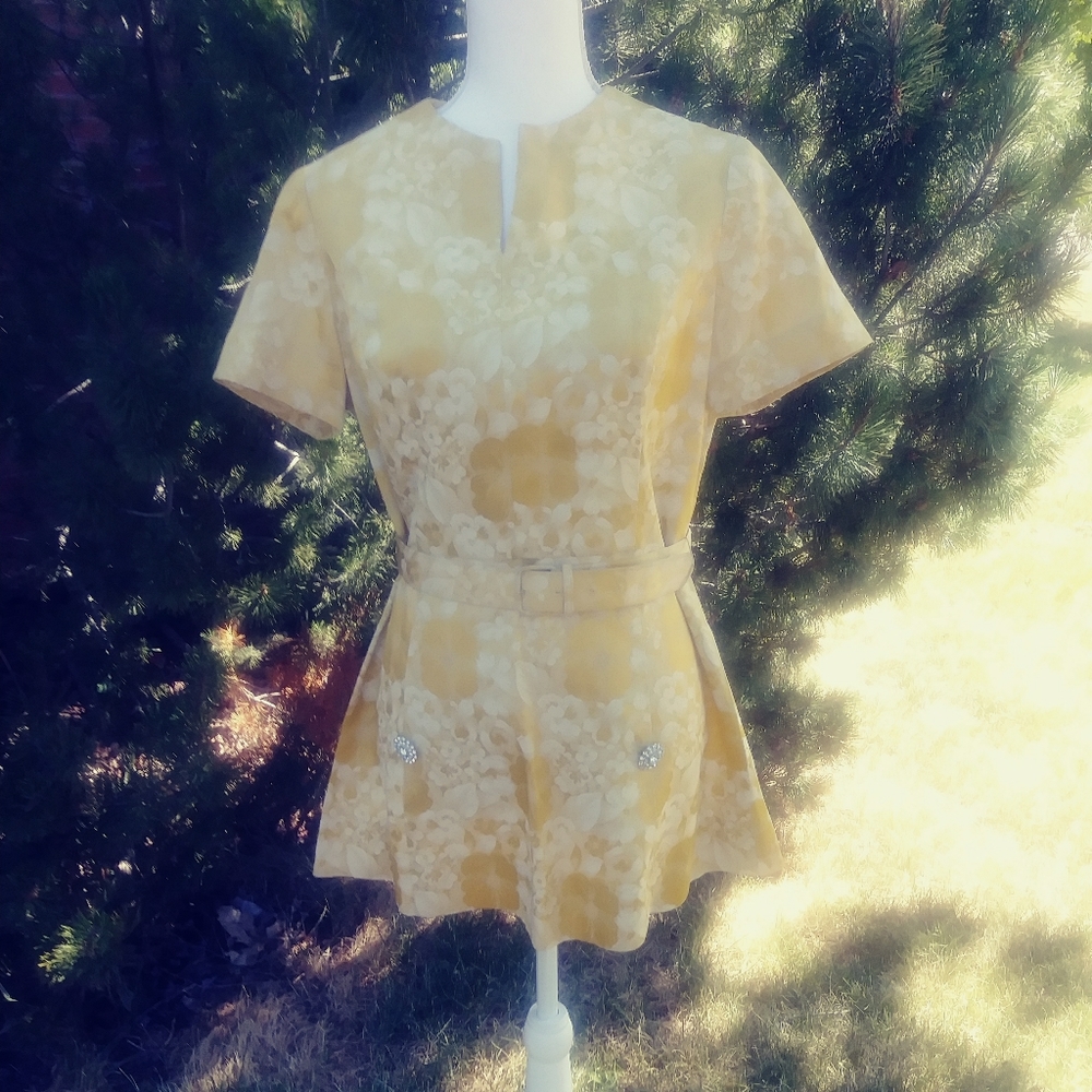 Incredible Vintage 1960s Henry Lee Yellow Brocade Mini Dress with Matching Belt